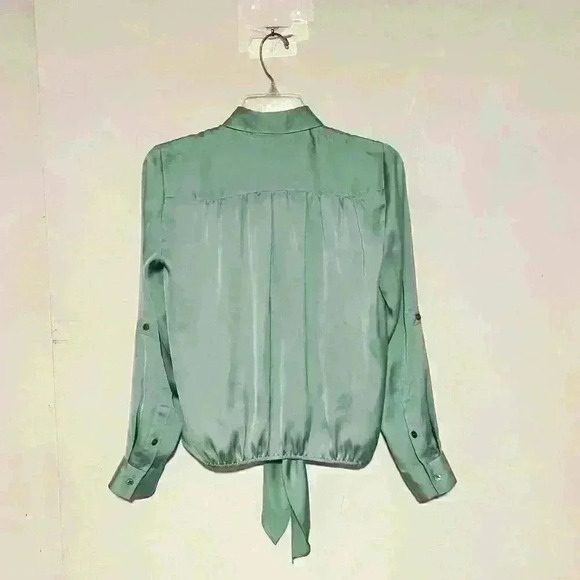 Vince Camuto Green Satin Iridescent Button Up Tie Front Top Blouse - Picture 2 of 4